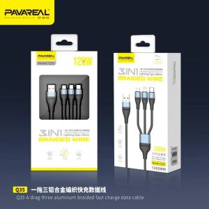 Pavareal Q35 120W 3 in 1 Nylon Braided Fast Charging USB Data Cable Micro Type-C