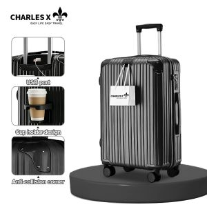 CHARLES X 20-28 Inch Luggage with Cup Holder Charging Port Travel Bag Hand Carry Maleta Trolley Suitcase for Men Women Business Travel