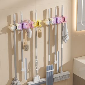 CHUN053634 Puzzle Splicing Mop Holder Macaron Wall‑Mount Mop Clip Portable with Hooks Bathroom Storage Rack for Kitchen Bathroom
