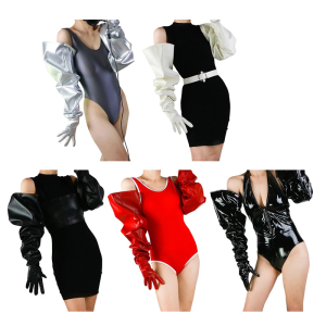 Loose Fit Glossy Black PU Leather Gloves With Oversized Bubble Cuffs For Men Women Costume Party Attire
