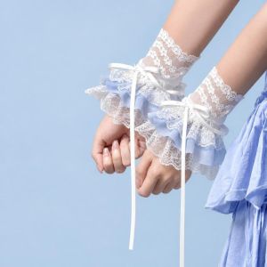 TEN Elastic Band Womens Fingerless Gloves Ruffled Lace Ribbon Tie Lace Arm Sleeves Elegant Lolita Style Wrist Cuffs Cosplay Use