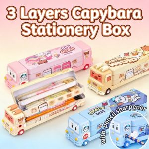 3-Layer Large Capacity Capybara Stationery Box Cartoon School Bus Style Multi-Functional Pencil Case