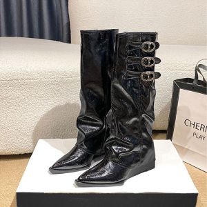 Height Increasing 6CM New style pointed toe slimming long boots for women vintage over-the-knee riding boots