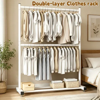 Double-layer Clothes drying rack Floor-to-ceiling bedroom hanger Vertical drying rack Storage Simple coat rack