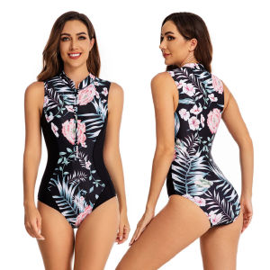 [Warrior2] Womens Long Sleeve Rash Guard Swimsuits UV Protection Bathing Suit Zipper Printed Surfing Athletic Swimwear Monokini