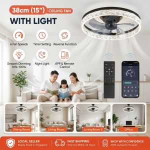 (SG STOCK) 15 Ceiling Fan with Light Low Profile Ceiling Fan Flush Mount Ceiling Fan 6 Speeds App & Remote ControlTimer Setting