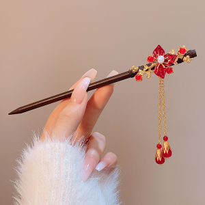 Chinese Style Wooden Tassel Hairpin for Women Vintage Flower Hair Stick Antique Hanfu Headwear