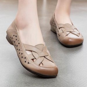 Free Shipping Soft Leather Flexible Sole Comfortable Sandals For Mothers Elderly Women And Everyday Wear Mesh Hollowed-Out Design Summer Flats For Women