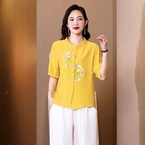 Jualan Panas@LUCKIN STORE Top for women Cotton Linen Embroidery Top Womens Short Sleeve Ethnic Blouse Cotton Linen Shirt 2026 Summer New Plus Size T-Shirt