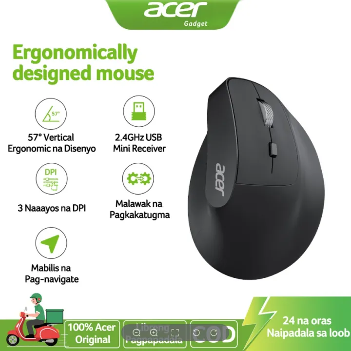 Acer Ergonomic Mouse Wireless, Vertical Computer Mouse for Office, Ergo Mice Rechargeable, 2.4GHz USB Receiver, 800/1200/1600 DPI, 6 Buttons for Laptop, PC and