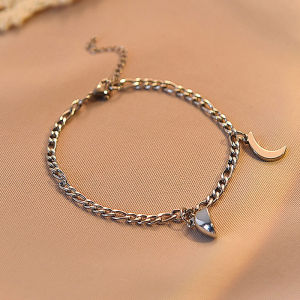 [fenggongshuode] 2PCS Stainless Steel Non-fading Hip-hop Hand Chain Love Magnet Sun Moon Bracelet For Couple Girlfriend Simple Hand Jewelry