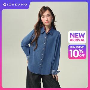 GIORDANO Women Shirts Contrast Stripe Cuff Denim Shirts Long Sleeve Fashionable Casual Relaxed Denim Shirts 18346828
