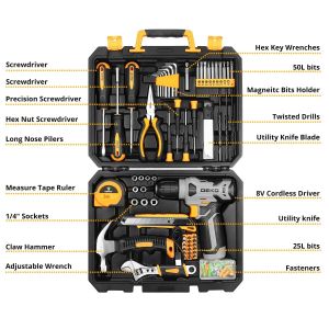 DEKO 126Pcs Power Tool Combo Kits with 8V Cordless Drill10MM 3/8 Keyless ChuckProfessional Home Household DIY Hand Tool Kits