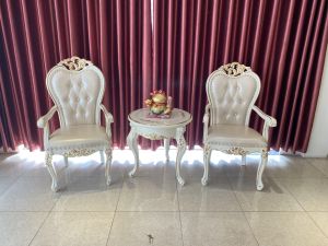 Bộ bàn trà tròn 2 ghế có tay vịn thư giãn dát vàng tân cổ điển  nhập khẩu bọc da 950B-DV