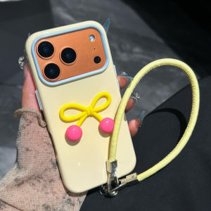 Macaron Two Tone Large Window 3D Cherry Bow Glossy TPU Phone Case With Matching Wrist Strap For iPhone 17 16 15 14 13 Pro Max