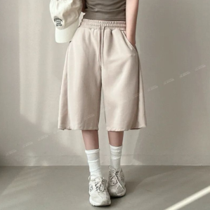 Korean Style MenS Sports Shorts Drawstring Solid Color Menswear Elastic Waist Straight Loose Wide Leg Male Bottom