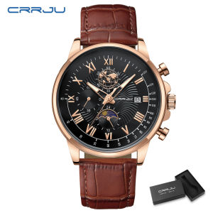 CRRJU Jam Tangan Pria Original Anti Air Kulit Fashion Keren Kronograf Bercahaya dengan Kalender Kulit 2318