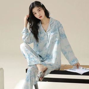 1 Set ice silk sleepwear for women Korean style loose Love printed pajamas + High waist cute loose casual pants nightwear