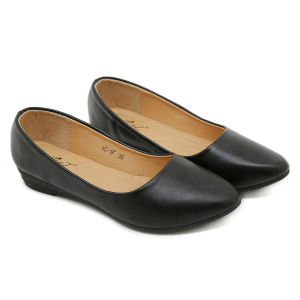 [FA] 1 inch wedge heel pointed toe black leather shoes student shoes office shoes for women