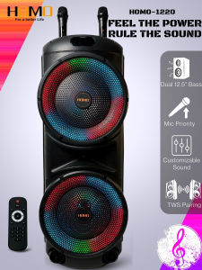 HOMO1220 Party Speaker Karaoke Set Wireless Microphones Remote Control Portable Sound System Dual 12.5 Inch