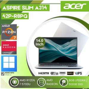 LAPTOP DESIGN GAMING ACER ASPIRE SLIM A314-42P-R8PQ RYZEN 7-5700U 8GB 512GB SSD AMD RADEON 14.0" WUXGA IPS SILVER BERGARANSI NEW