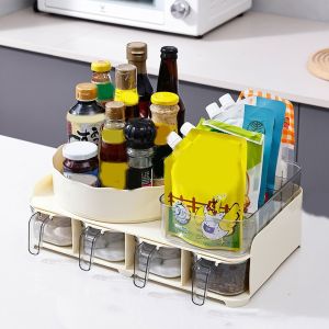 GAOSU Large Capacity Countertop Spice Jar and Rack Set Rotatable Plastic Countertop Seasoning Box Stylish Space Saving Condiment Box for Home