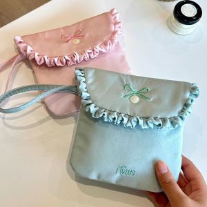 JON09 จุได้มาก กระเป๋าเครื่องสำอางขนาดเล็ก ที่เก็บผ้าเช็ดตัวมีประจำเดือน โบว์น๊อต กระเป๋าแต่งหน้าติดโบว์ แบบพกพาได้ ผ้าคอตตอน ถุงเก็บผ้าอนามัย สำหรับผู้หญิง