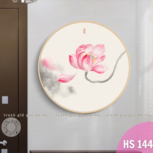 Tranh tròn hoa sen hồng nền trắng tao nhã decor phòng khách tinh tế sang trọng gồm chất liệu vải canvas và tráng gương