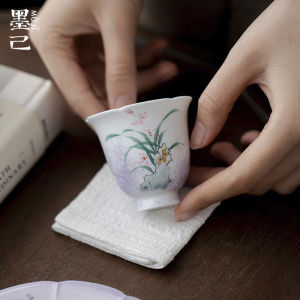 墨己花口陶瓷品茗杯家用手绘太湖石兰花功夫茶具茶杯釉下彩单杯