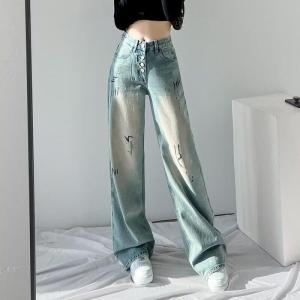 Celana jeans high waist wanita gaya korea jeans lurus kasual celana jins lebar antik