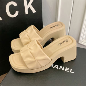 [Free Shipping] Pleated high-heeled slippers for women new summer style thick-soled casual fashion slide sandals