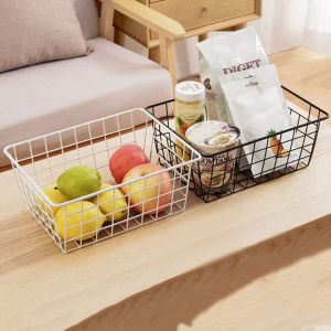 NJJU Black/White Iron Wired Basket with Built-in Handles Hollow Fruit Vegetable Snacks Holder Multifunctional Large Capacity Metal Wire Storage Basket for Bathroom