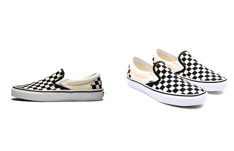 All white checkerboard slip on vans best sale