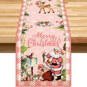 Hot-selling Linen Table Runner Winter Christmas Santa Claus Snowman Pink Cute Popular
