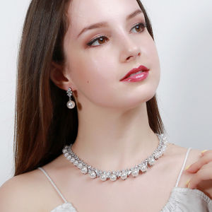 Seตัดแต่งชุดเครื่องประดับไข่มุกน้ําจืดธรรมชาติพลอยสังเคราะห์สําหรับงานแต่งงานต่างหูสร้อยคอสําหรับเจ้าสาว SJ057 อุปกรณ์เสริมชุดเดรสใส่ขนนกเทียม