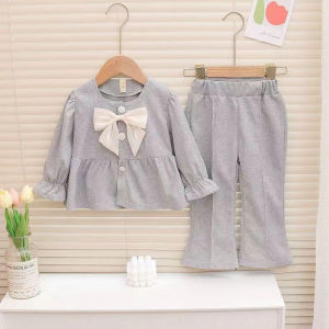 X BABY Setelan Anak Perempuan Set Anak Cewek Lengan Panjang Katun Polos Pita U-Neck Korean Style Usia 1-4 Tahun