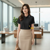 Áo POLO Nữ Bee Vải Cá Sấu Mè màu Đen huyền bí phối 1 sọc trắng tinh tế dáng chuẩn công sở chất vải hạt mè cao cấp