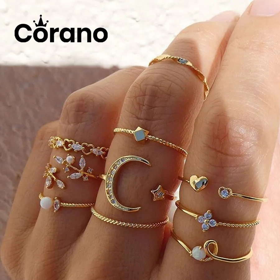 10PCS 18k Gold Rings Set Women Fashion Moon Star Leaves Love Rhinestone  Joint Ring Retro Gold Boho