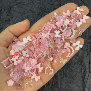 50Pcs Pearl Pink Bowknot Heart Shaped Rhinestones Mixed Nail Decorations Kawaii Flowers Butterfly Charms DIY Nail Accessories h260819