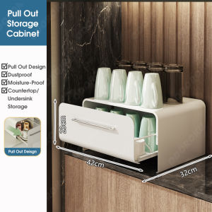 ODOROKU Minimalist Sliding Storage Pull Out Drawer Organizer Countertop Coffee Machine Metal Storage Rack Drawer Cups Organizer Desk Cup Storage Kitchen Appliances Cabinet Drawer Tea Set Organizer with Handle White