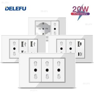 DELEFU White Tempered Glass Italy USB TypeC Fast Charging Wall Socket Schuko Tuya Wifi Smart Switch Sat TV Tel Doorbell Chile