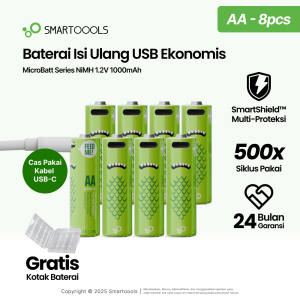 Baterai Cas Isi Ulang 8pcs Smartoools MicroBatt Ukuran AA 1.2V dengan port USB Type-C Rechargeable NiMH Battery Isi Ulang 500 Kali Bonus Casing Baterai