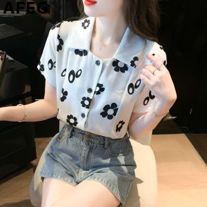 AFEG New Korean Lapel Fashion Loose Versatile Printed Chiffon Short Sleeve Blouse for women