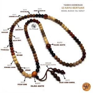 Tasbih  kombinasi 13 jenis kayu bertuah dan Langka model  Bulat Kelereng variasi ukuran