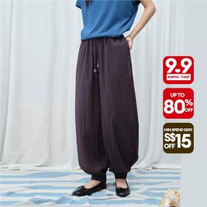 Giordano Women Beaded drawstring waist ankle length balloon pants Free Shipping 18426807