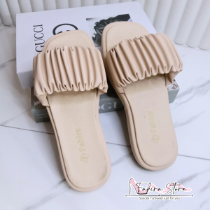 Sandal Wanita Kekinian Model Kerut Korea Krem