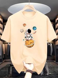 Mens summer 100% cotton fashionable casual loose sports Cartoon Astronaut Planet Pattern round neck short sleeved T-shirt top