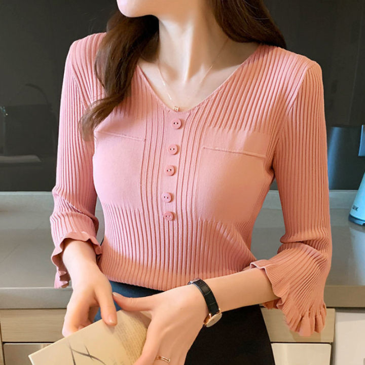 Pink Knitted Tops Women 3/4 Sleeve Blouse Korean Style Fashion Slim V Neck  Shirt 2024 New Lazada PH