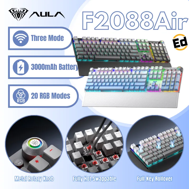 AULA F2088 AIR Three Mode Wireless Gaming Keyboard Magnetic Wrist Rest Wired Bluetooth RGB Knob Hot-Swap Rechargeable