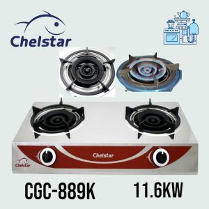 CHELSTAR CGC-889K Double Burner Gas Stove | High Pressure Cast Iron Burners | Stainless Steel Body